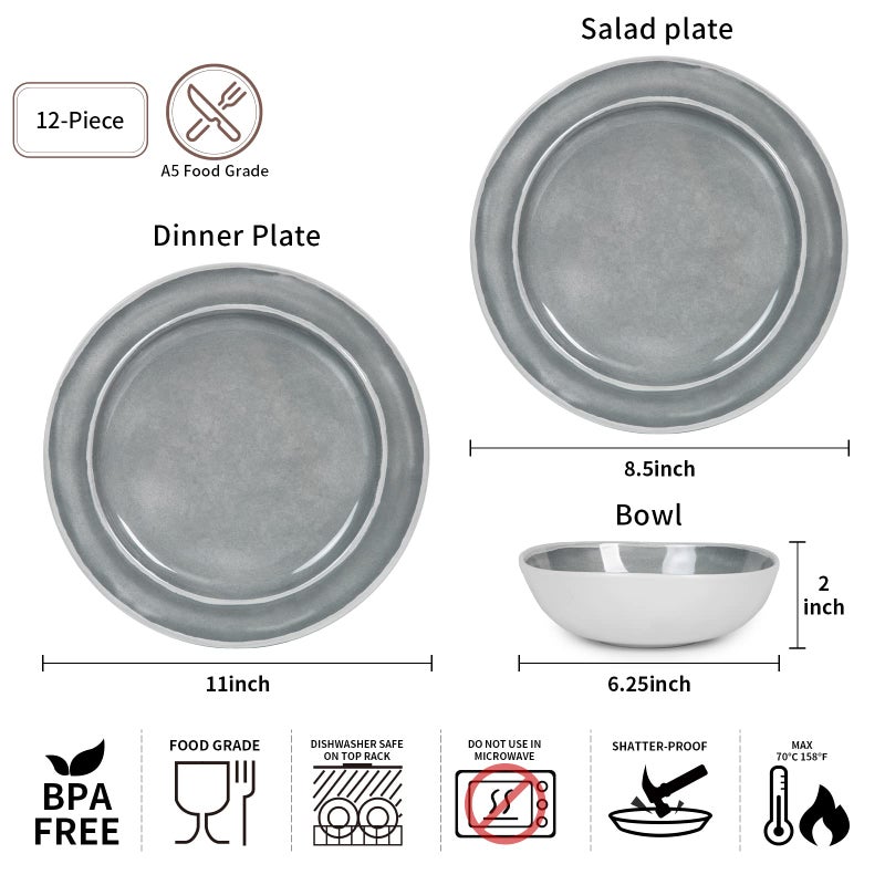Webbylee Melamine Dinnerware Set - 12pcs Dishes Dinnerware Set for 4, Indoor and Outdoor use, Dishwasher Safe, Break-resistant, Lightweight, Gray - Image 2
